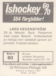 1969-70 Williams Ishockey (Swedish) #60 Lars Hedenstrom Back