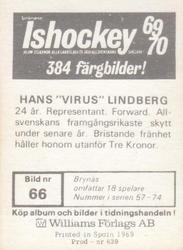 1969-70 Williams Ishockey (Swedish) #66 Hans Lindberg Back