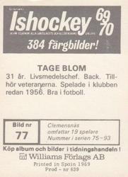 1969-70 Williams Ishockey (Swedish) #77 Tage Blom Back