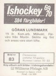 1969-70 Williams Ishockey (Swedish) #83 Goran Lundmark Back