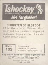 1969-70 Williams Ishockey (Swedish) #103 Christer Sehlstedt Back