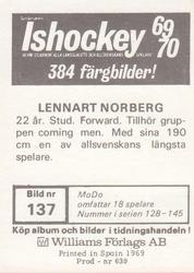 1969-70 Williams Ishockey (Swedish) #137 Lennart Norberg Back