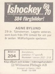 1969-70 Williams Ishockey (Swedish) #204 Agne Bylund Back