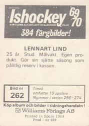 1969-70 Williams Ishockey (Swedish) #262 Lennart Lind Back