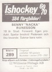 1969-70 Williams Ishockey (Swedish) #289 Benny Runesson Back