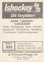 1969-70 Williams Ishockey (Swedish) #332 Arne Carlsson Back