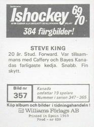 1969-70 Williams Ishockey (Swedish) #357 Steve King Back