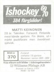 1969-70 Williams Ishockey (Swedish) #370 Matti Keinonen Back