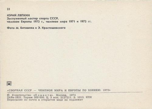 1973-74 Soviet National Team Postcards #22 Yuri Liapkin Back
