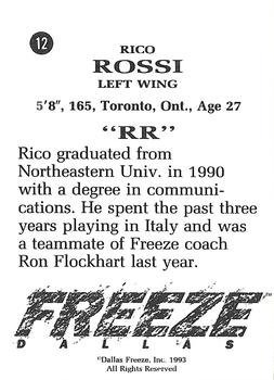 1992-93 Dallas Freeze (CHL) #NNO Rico Rossi Back