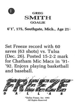 1992-93 Dallas Freeze (CHL) #NNO Greg Smith Back