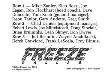 1992-93 Dallas Freeze (CHL) #NNO Team Photo Back