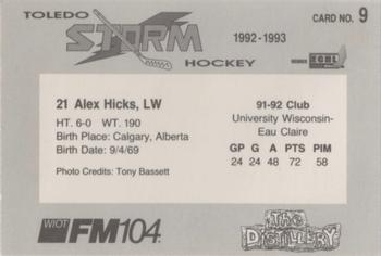 1992-93 Toledo Storm (ECHL) #9 Alex Hicks Back