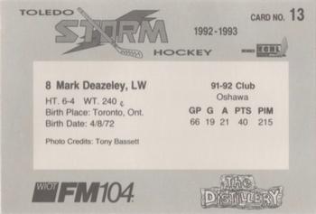 1992-93 Toledo Storm (ECHL) #13 Mark Deazeley Back