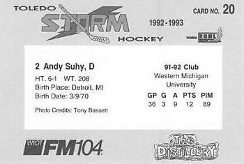 1992-93 Toledo Storm (ECHL) #20 Andy Suhy Back