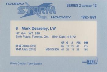1992-93 Toledo Storm (ECHL) Series 2 #12 Mark Deazeley Back
