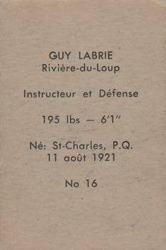 1952-53 Bedard & Donaldson (Bas Du Fleuve) LSLHL #16 Guy Labrie Back