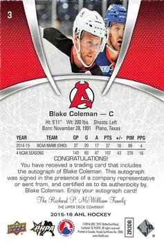 2015-16 Upper Deck AHL - Autographs #3 Blake Coleman Back