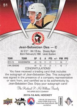 2015-16 Upper Deck AHL - Autographs #51 Jean-Sebastien Dea Back