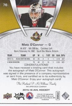 2015-16 Upper Deck AHL - Autographs #76 Matt O'Connor Back
