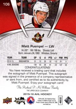 2015-16 Upper Deck AHL - Autographs #106 Matt Puempel Back