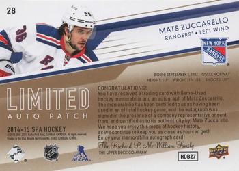 2015-16 SP Authentic - 2014-15 SP Authentic Update I: Limited Auto Patches #28 Mats Zuccarello Back