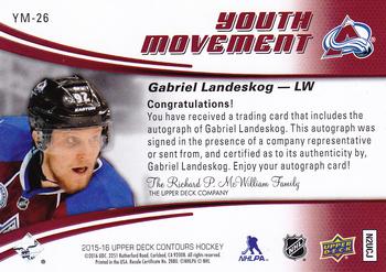 2015-16 Upper Deck Contours - Youth Movement Autographs #YM-26 Gabriel Landeskog Back