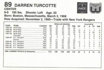 1993-94 Coca-Cola Hartford Whalers #NNO Darren Turcotte Back