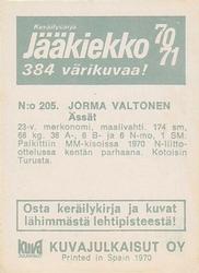 1970-71 Kuvajulkaisut Jaakiekko (Finnish) #205 Jorma Valtonen Back