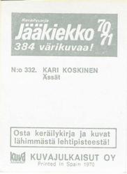 1970-71 Kuvajulkaisut Jaakiekko (Finnish) #332 Kari Koskinen Back