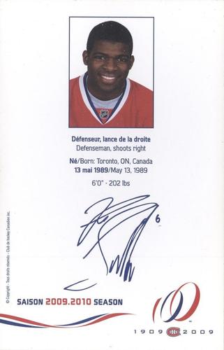 2009-10 Montreal Canadiens Postcards #NNO P.K. Subban Back