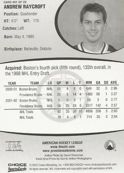 2002-03 Choice Providence Bruins (AHL) #1 Andrew Raycroft Back
