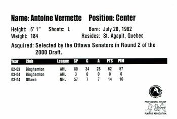 2004-05 Binghamton Senators (AHL) #NNO Antoine Vermette Back