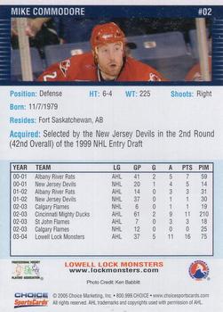 2004-05 Choice Lowell Lock Monsters (AHL) #2 Mike Commodore Back
