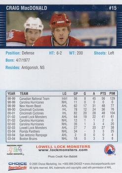 2004-05 Choice Lowell Lock Monsters (AHL) #15 Craig MacDonald Back