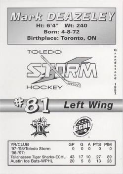 1997-98 Grandstand Toledo Storm (ECHL) #NNO Mark Deazeley Back