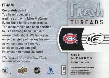 2015-16 Upper Deck Ice - Fresh Threads #FT-MM Mike McCarron Back
