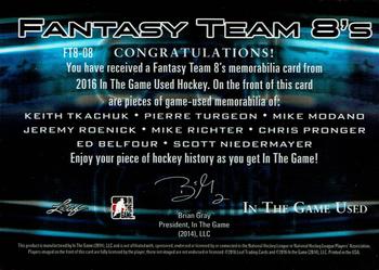 2016 Leaf In The Game Game Used - Fantasy Team 8's Gold #FT8-08 Keith Tkachuk / Pierre Turgeon / Mike Modano / Jeremy Roenick / Mike Richter / Chris Pronger / Ed Belfour / Scott Niedermayer Back
