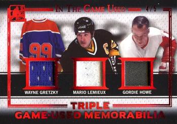 2016 Leaf In The Game Game Used - Triple Game Used Jersey Red Spectrum #GT-05 Wayne Gretzky / Mario Lemieux / Gordie Howe Front
