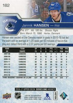 2016-17 Upper Deck #182 Jannik Hansen Back