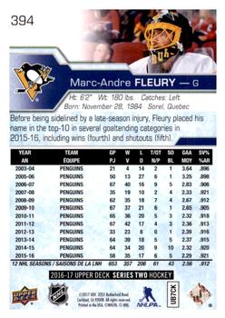 2016-17 Upper Deck #394 Marc-Andre Fleury Back