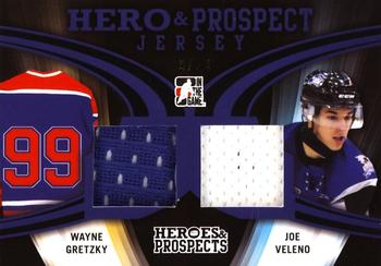 2015-16 Leaf In The Game Heroes & Prospects - Hero and Prospect Dual Jersey Purple #HPJ-04 Wayne Gretzky / Joe Veleno Front