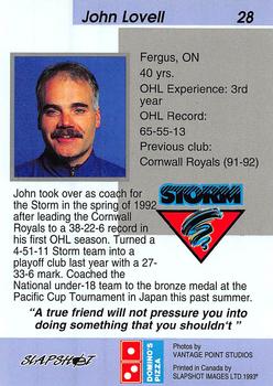 1993-94 Slapshot Guelph Storm (OHL) #28 John Lovell Back