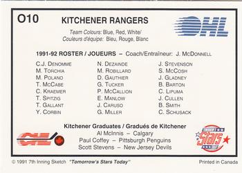 1991-92 7th Inning Sketch OHL - The Teams #O10 Kitchener Rangers Back