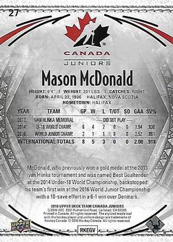 2016 Upper Deck Team Canada Juniors - Gold #27 Mason McDonald Back