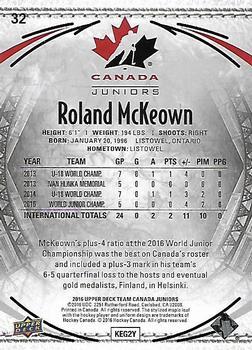2016 Upper Deck Team Canada Juniors - Gold #32 Roland McKeown Back