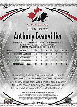 2016 Upper Deck Team Canada Juniors - Gold #34 Anthony Beauvillier Back