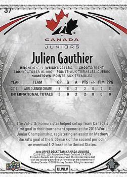 2016 Upper Deck Team Canada Juniors - Gold #37 Julien Gauthier Back