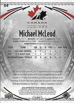 2016 Upper Deck Team Canada Juniors - Gold #64 Michael McLeod Back