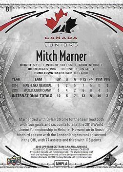 2016 Upper Deck Team Canada Juniors - Gold #81 Mitch Marner Back